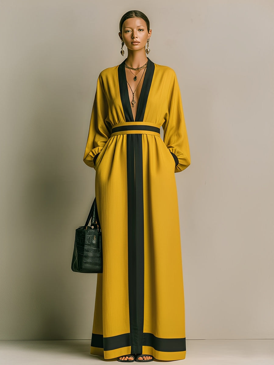 Women's Mustard Yellow Stretchy Woven Dress With Black Contrast Trim & Deep V-Neck, Timeless Bold-Elegant Style Dress MDA1854L8I