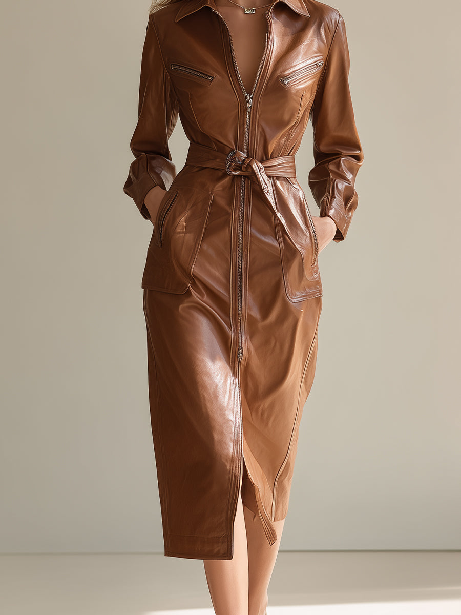 Women's Tan Elegant PU Leather Belted Zip - Front Jaket MDA2615H7I