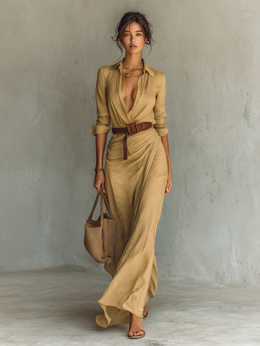 Ladies Lapel Single Breasted Long Sleeve Belted Maxi Dress MDA1500G4Y