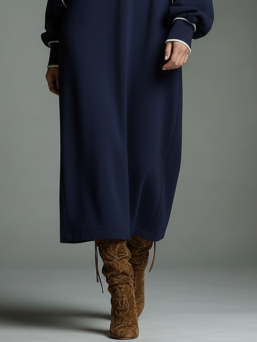 Women's Loose V-neck Collared Long-sleeved Sweatshirt Maxi Dress MDA2993J2Y