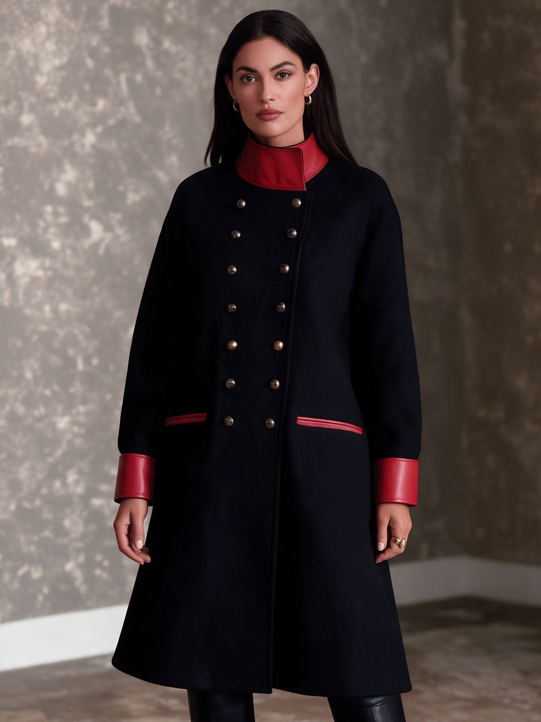 Women's Military-Inspired Double-Breasted Contrast Stand-Collar Coat