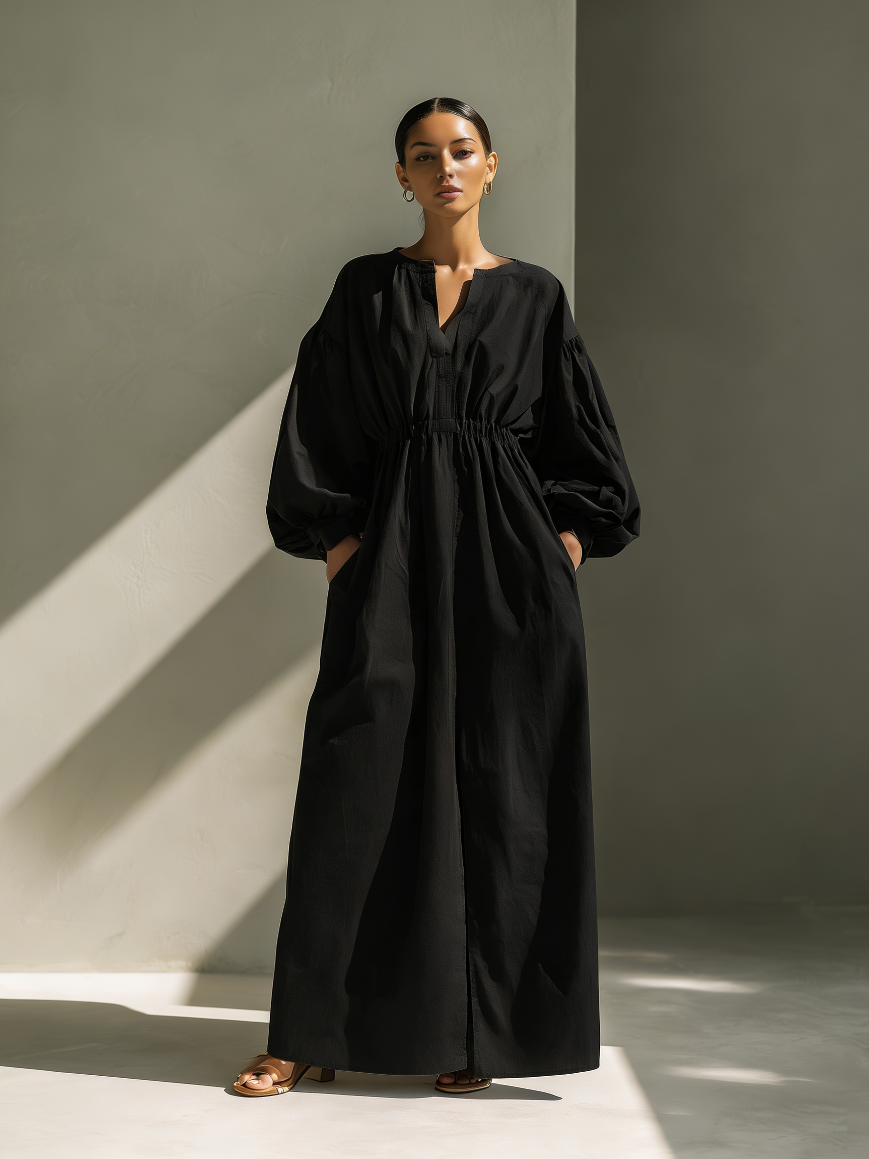Women's Casual Black Cotton And Linen V-neck Loose Long-sleeved Maxi Dress MDZ1224A6AN