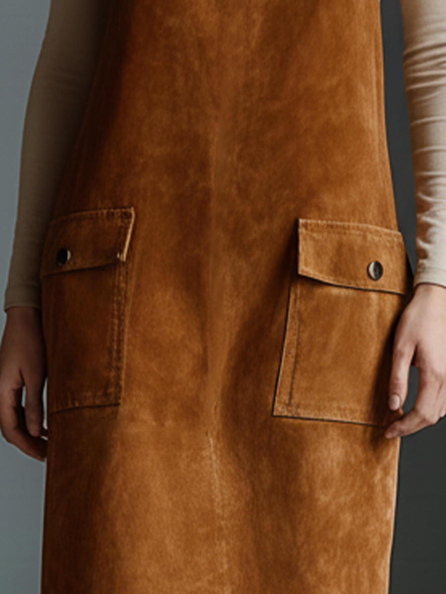 Women's Tan Suede Fabric Sleeveless Overalls Dress With Pocketed Detail MDA1529L2T