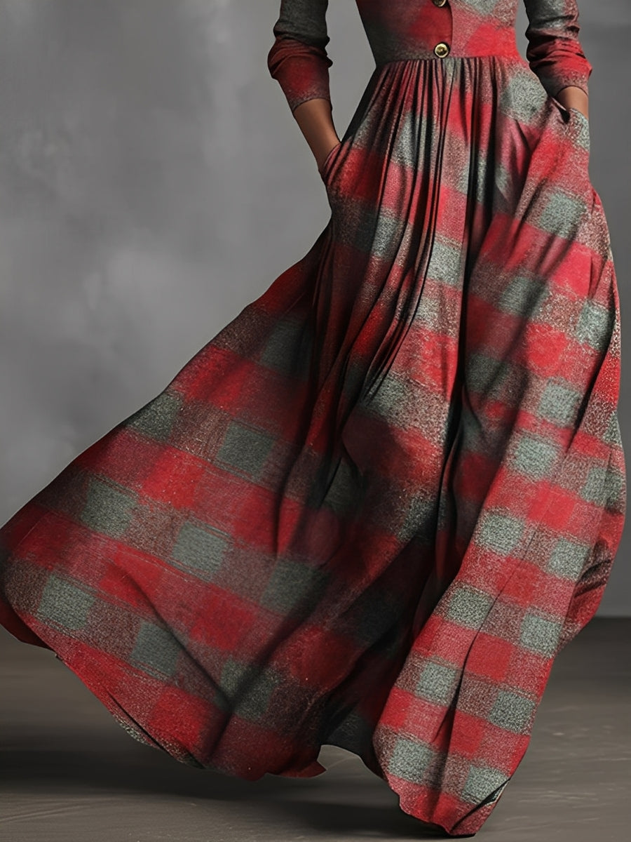 Women's Red & Gray Plaid Woven Dress With Blazer Collar & Pleated Maxi Skirt, Timeless Chic Style Dress MDA1242L0I