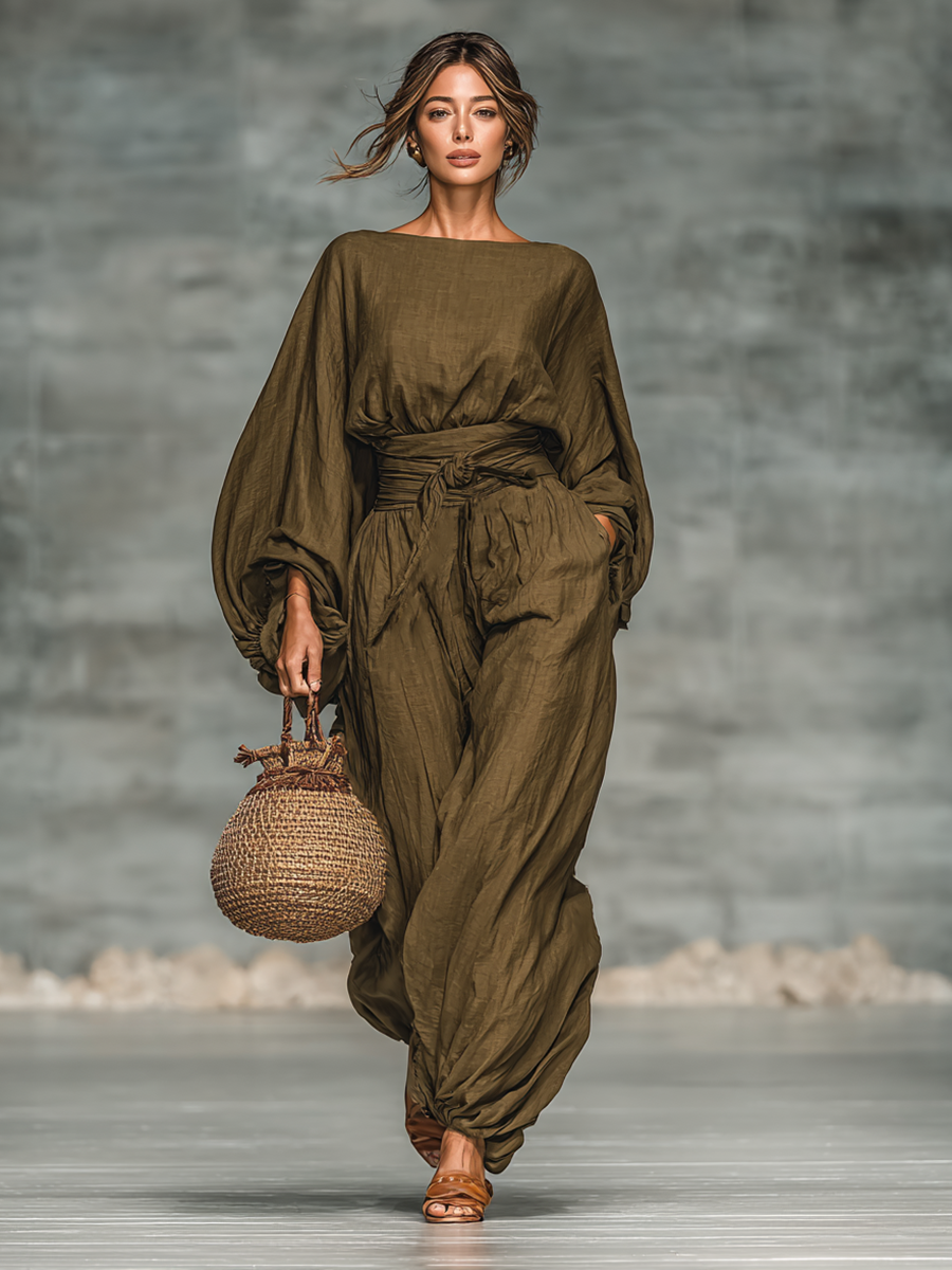 Women's Cotton And Linen Blend Boat Collar Lantern Long Sleeve Shirt Loose Trousers Two-piece Set MDA2297G9Y