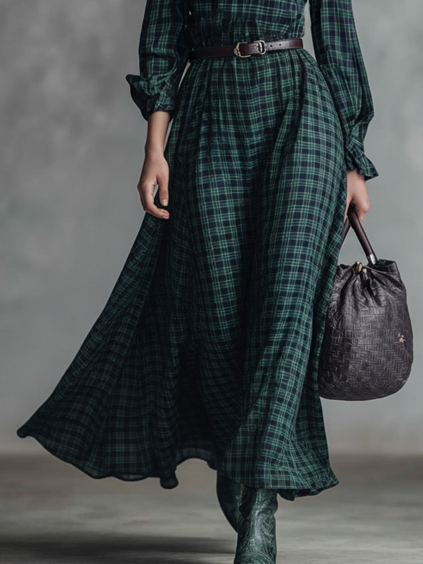 Women's Minimalist Plaid Half-high Collar Belt Maxi Dress MDA1669J6Y