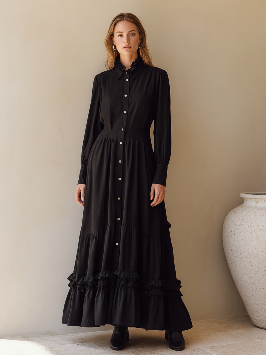Women's Black Cotton Fabric Ruffled Collar Button-Front Tiered Maxi Shirt Dress MDA1206L8T