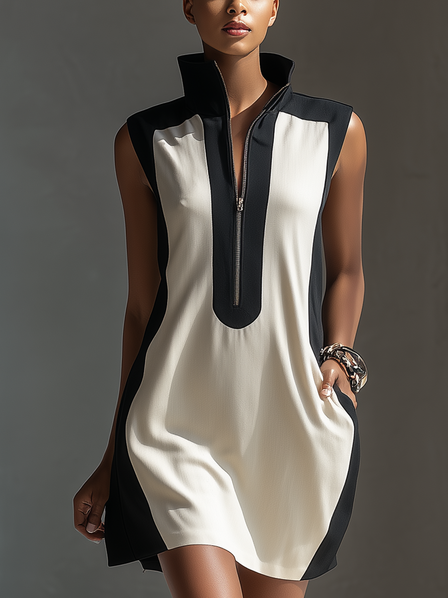 Women's Black & White Color-Block Mini Dress With Stand Collar & Half-Zip Detail MDZ1152B0T