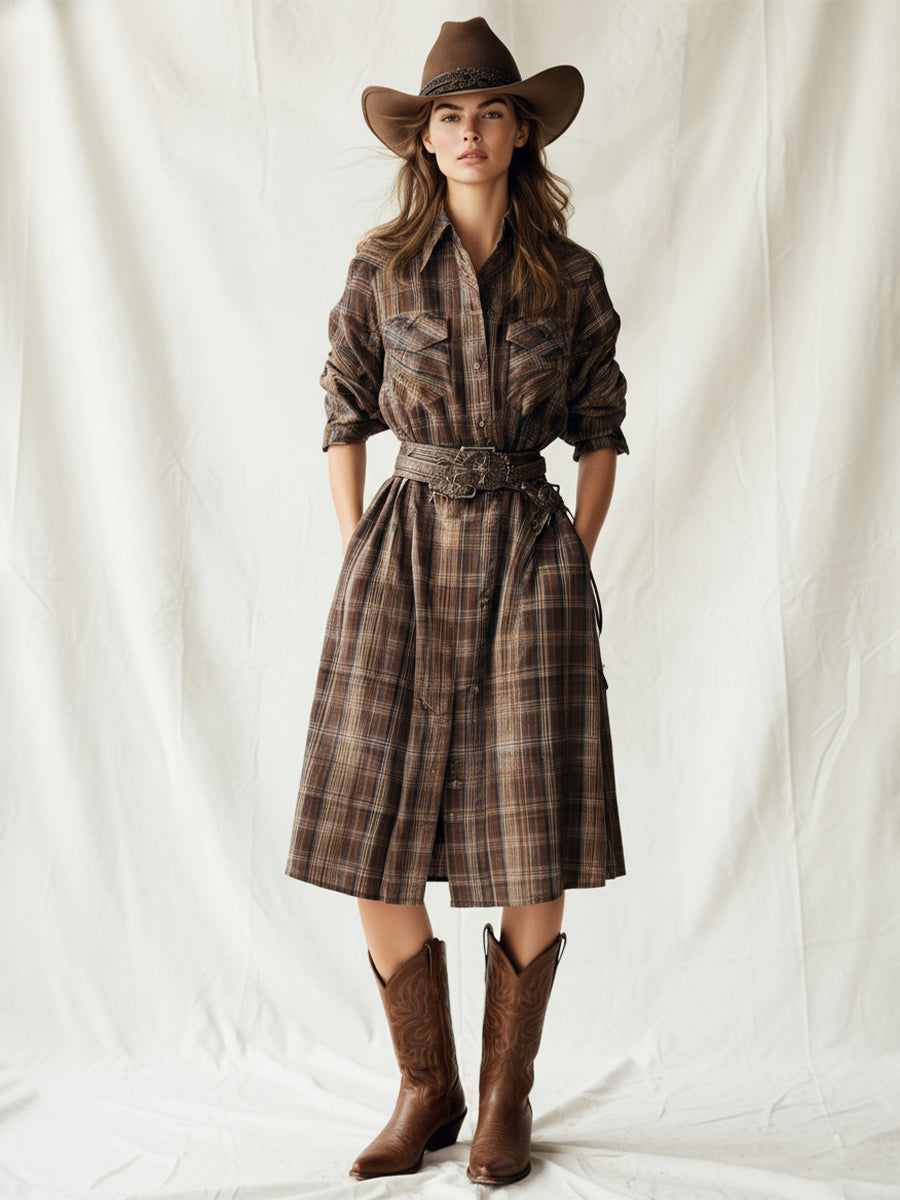 Women's Brown Plaid Shirt Dress With Midi Length & Button-Front, Retro Western Fashion Dress MDA2786J5I