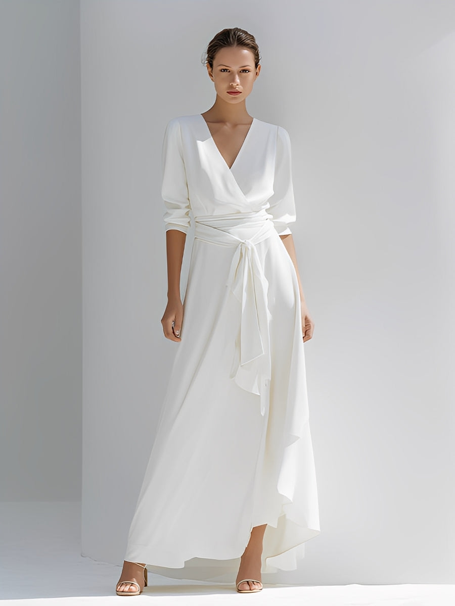 Women's Ivory Flowy Dress With Wrap Silhouette & Asymmetric Hem, Modern Effortless-Sophisticated Style Dress MDA2582L3I
