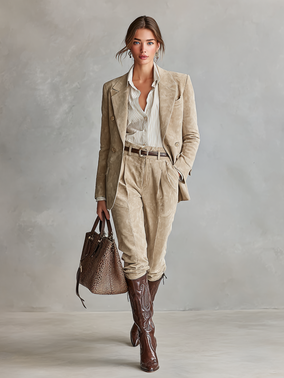 Women's Faux Suede Loose Blazer And Straight-Leg Trousers Set MDA2733H9Y