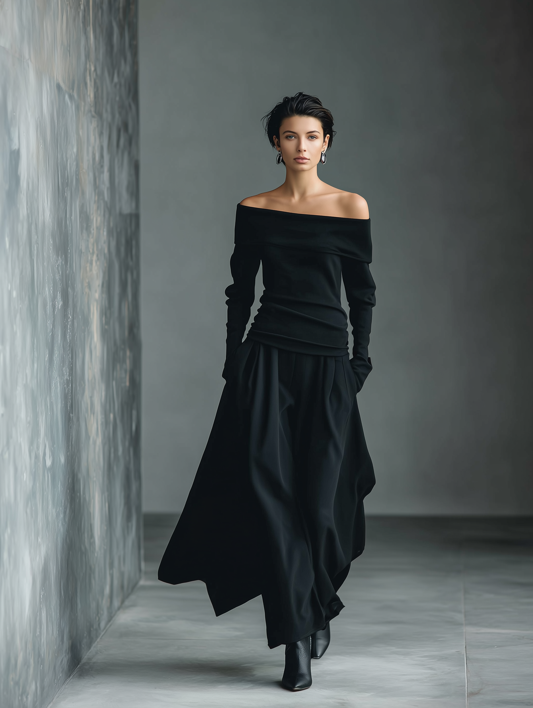 Women's Black Knit Off-Shoulder Fitted Top And Chiffon Skirt Set MDA1430K2T