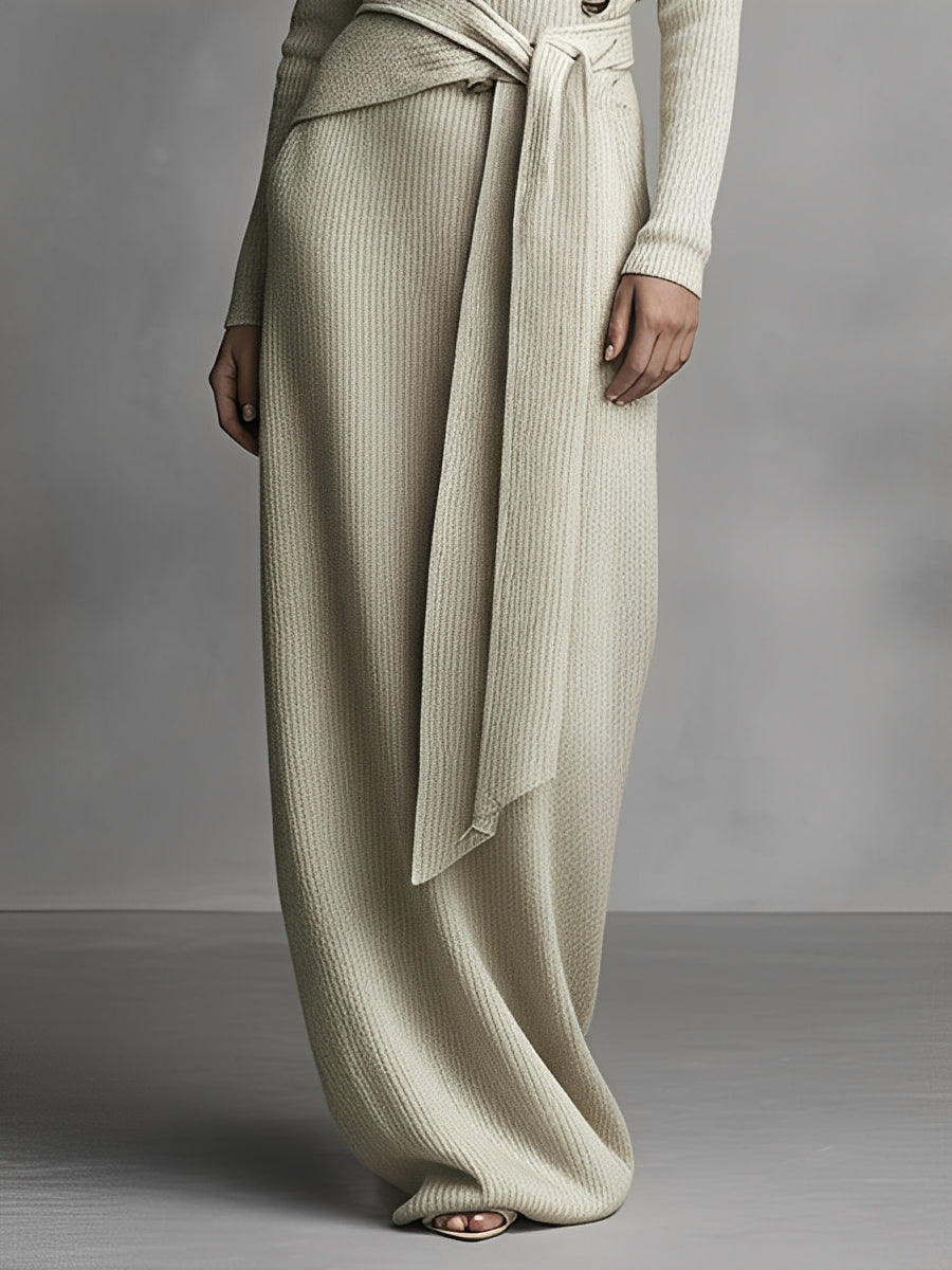 Women's Beige Knitted Elegant Maxi Dress With Asymmetric Buttons & Oversized Waist Belt MDA2209J5I