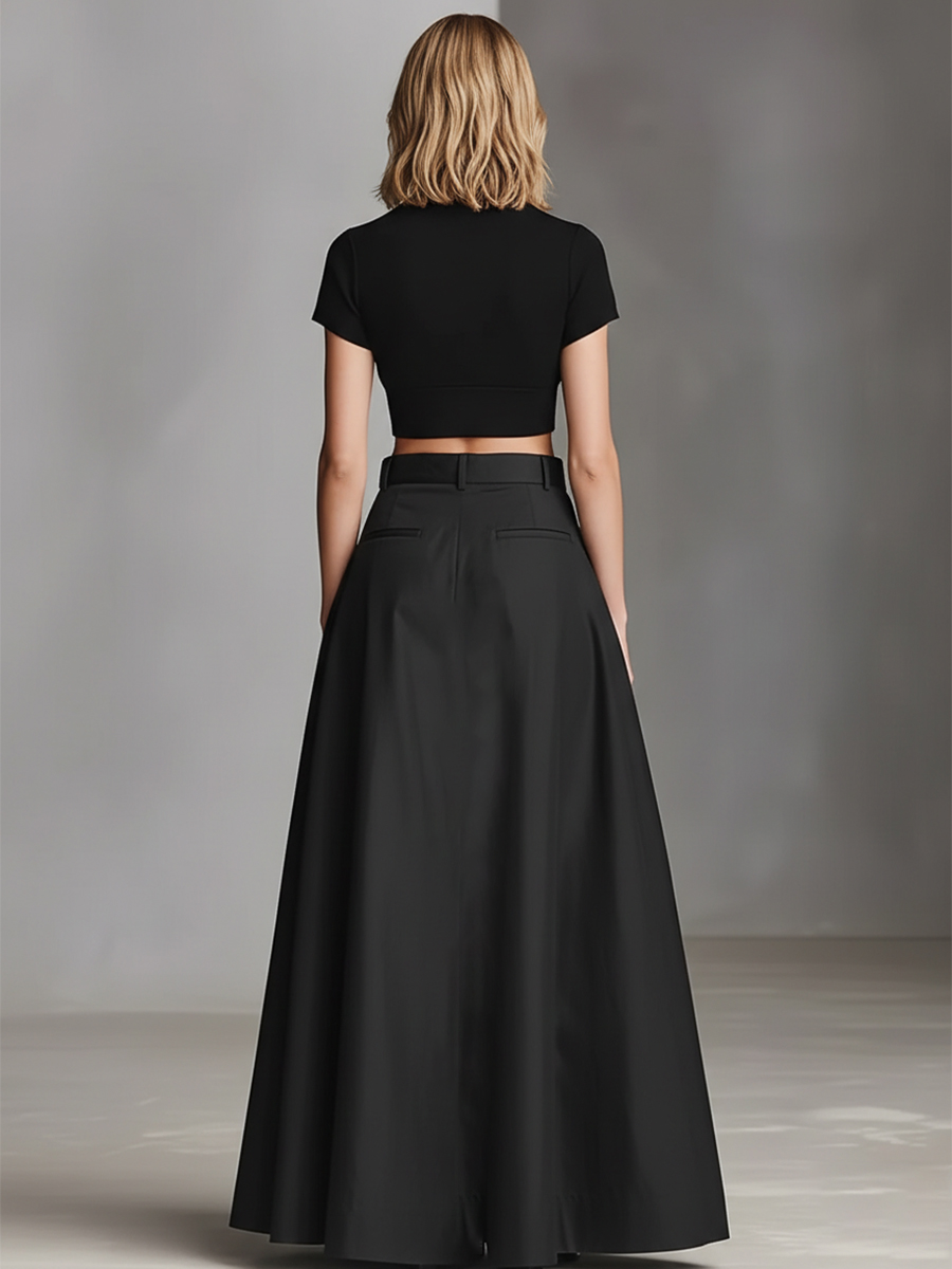 Women's Black Stretch-Knit & Woven Set With Cropped Top & Maxi Dress, Timeless Sleek-Chic Style Set (without Belt) MDZ1412A1I