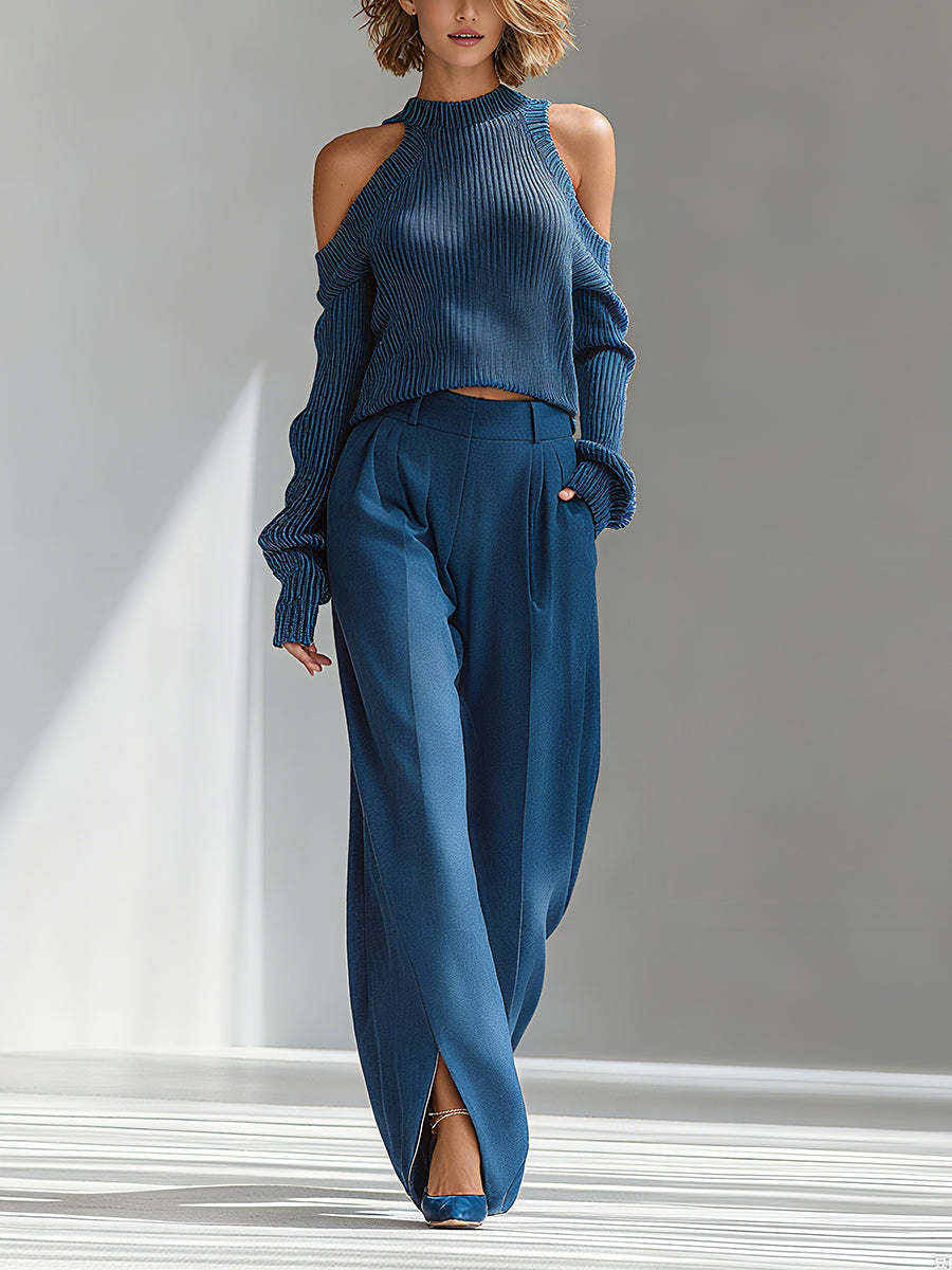Women's Blue Elegant Ribbed Knit Cold - Shoulder Sweater And Wide - Leg Pants Set MDA1591I8I