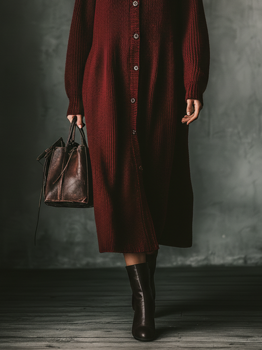 Women's Dark Red Knitted High-Neck Button-Up Long Cardigan MDA2951J8T