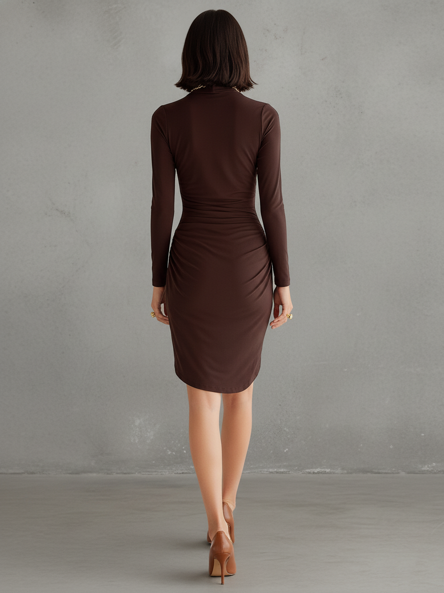Women's Sleek Stretch Woven Chocolate Brown Turtleneck Ruched Twist Mini Dress MDA1581L8AU