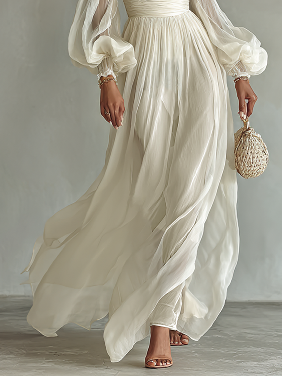 Women's Chiffon Square Neck Long Sleeve Waist Maxi Dress MDA1427G8Y