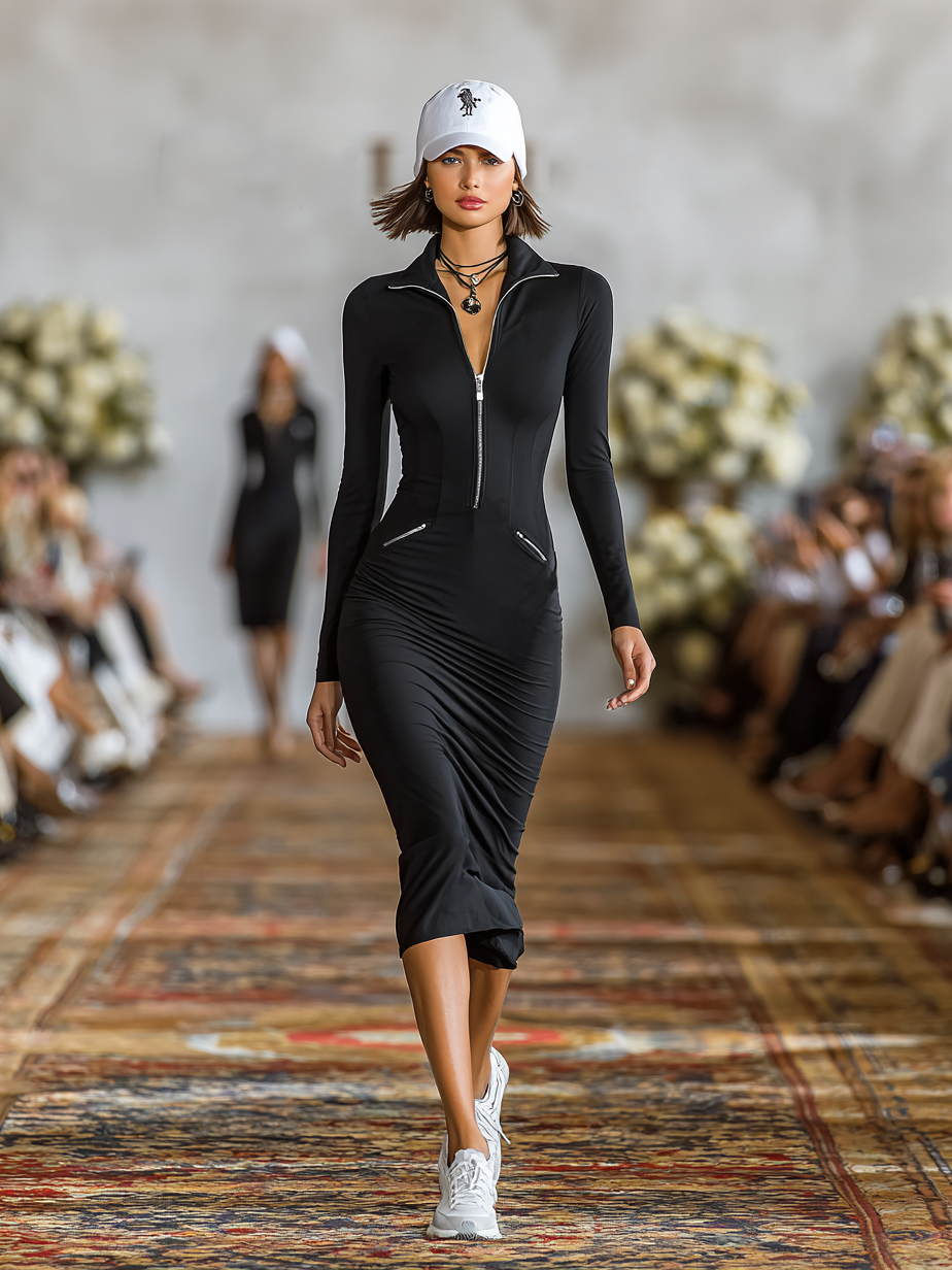 Women's Sports Cotton Blend Skinny Zipper Lapel Midi Dress MDA0133H4Y