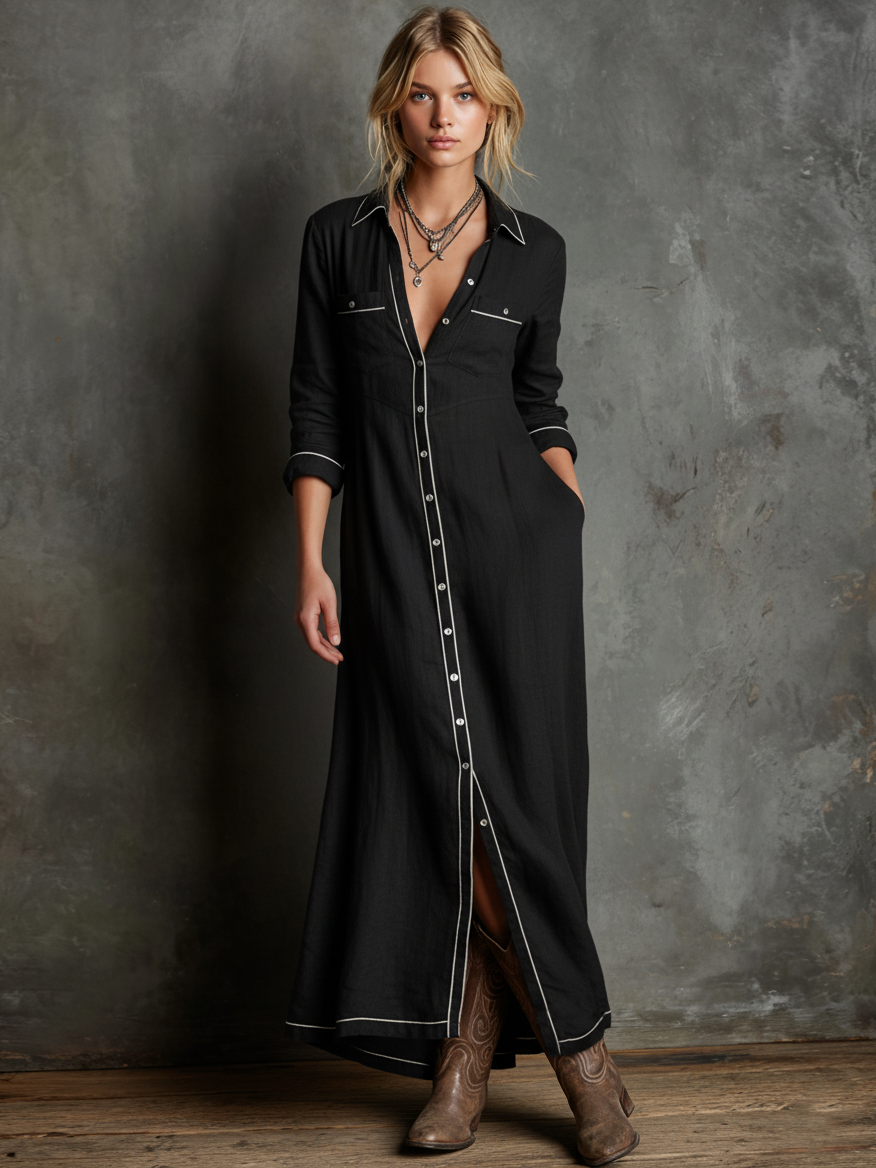Women's Cotton-linen Blend White-trimmed Single-breasted Long-sleeved Shirt Maxi Dress MDA0723K0Y