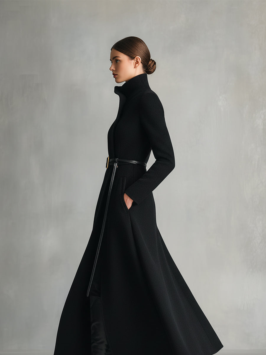 Women's Black Elegant Wool - Blend Turtleneck Belted Maxi Coat (without belt) MDA2807H5I