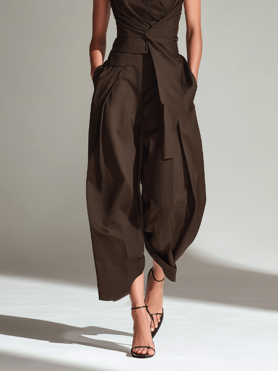 Women's Dark Brown Woven Jumpsuit With Sleeveless Design & Wrap Waist, Timeless Sleek-Elegant Style Jumpsuit MDZ0760A0I