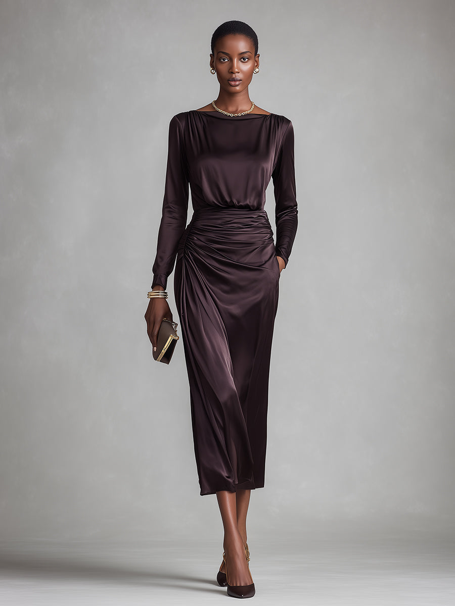 Women's Plum Satin Elegant Dress With Boat Neck & Ruched Waist, Glamorous Evening Style Dress MDA2619K4I