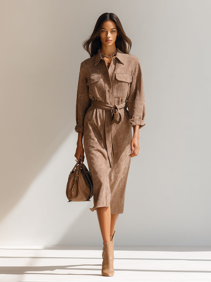 Women's Taupe Elegant Suede Belted Pocket - Detailed Shirt Midi Dress MDA2216H4I