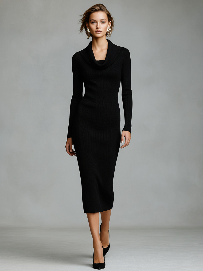 Women's Minimalist Slim-fitting Cowl-neck Knitted Midi Dress MDA0906L8Y