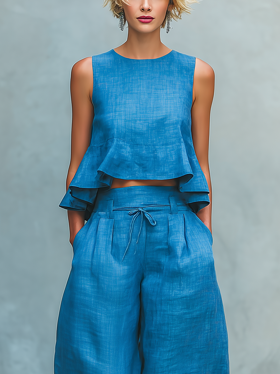 Women's Blue Linen-Blend Two-Piece Set With Ruffled Crop Top & Culottes MDZ2818B1T