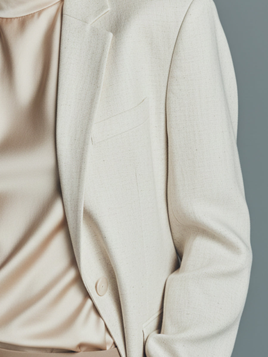 Women's Cream Textured Woven Single-Breasted Blazer MDA2839K5I