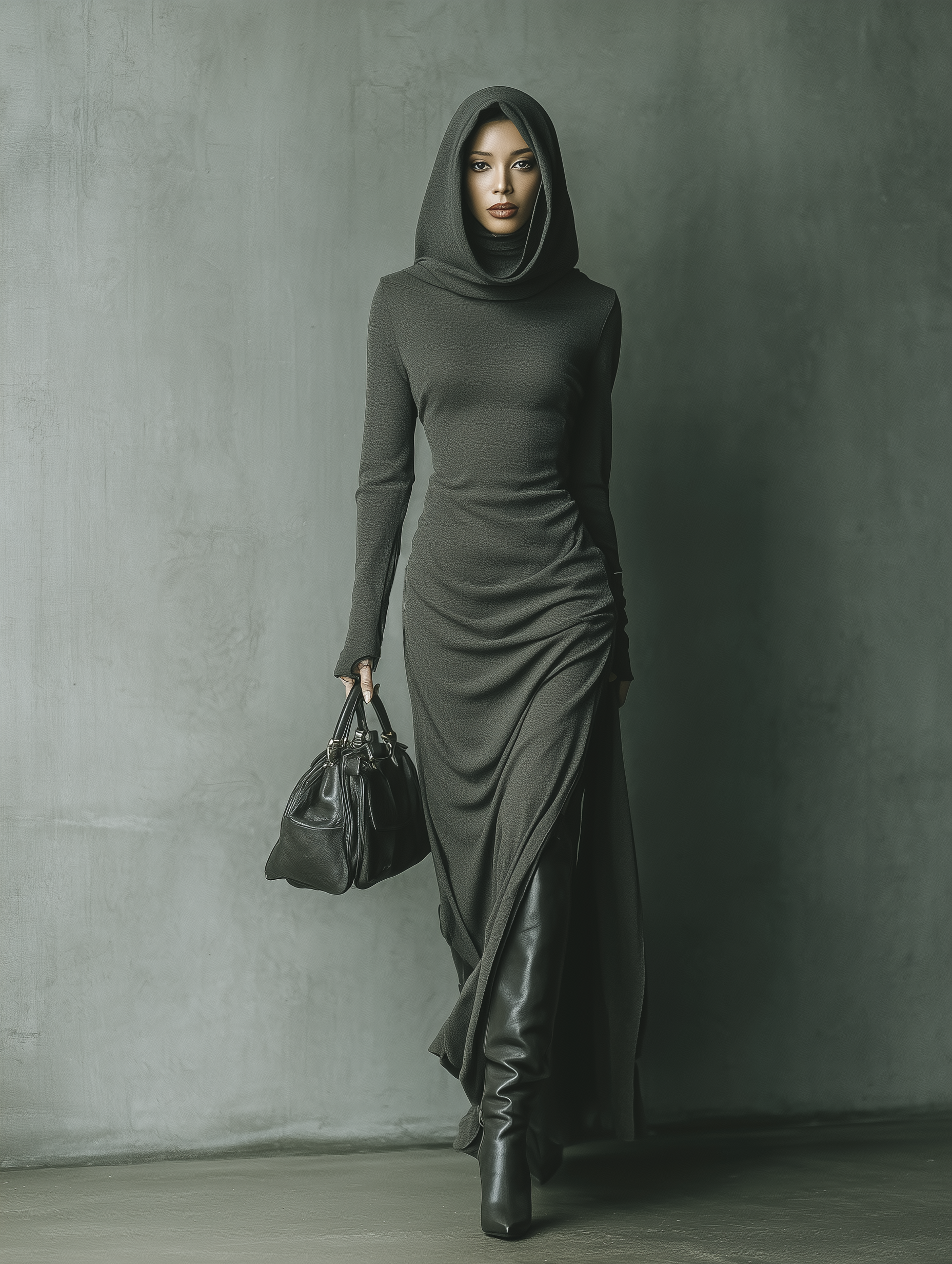 Women's Dark Grey High Elastic Knitted Hooded Maxi Dress MDA1303J1T