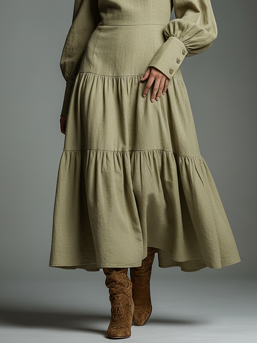 Women's Minimalist Cotton Linen Boat Neck Long-sleeved Maxi Dress MDA0823K6Y