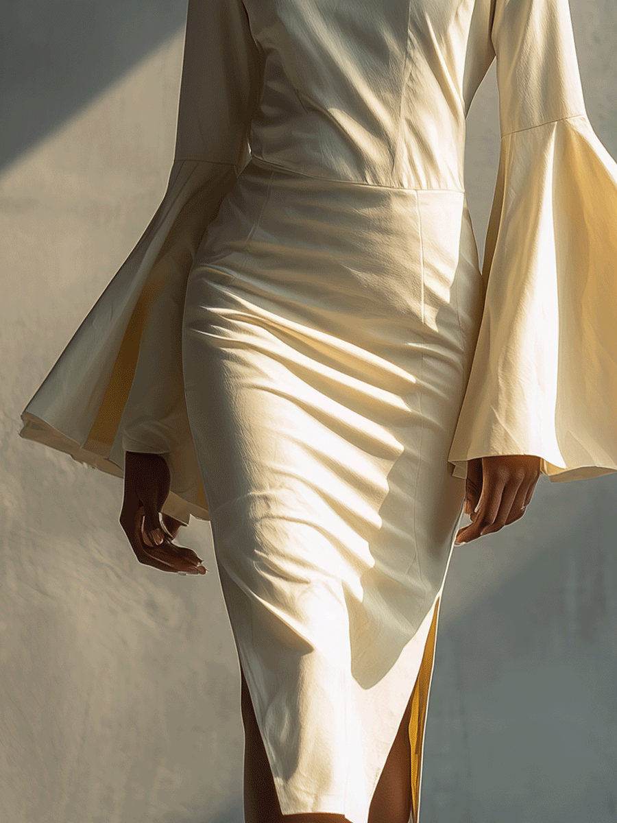 Women's Slim Satin Round Neck Bell Sleeve Hip-Wrap Midi Dress MDA3043G2I