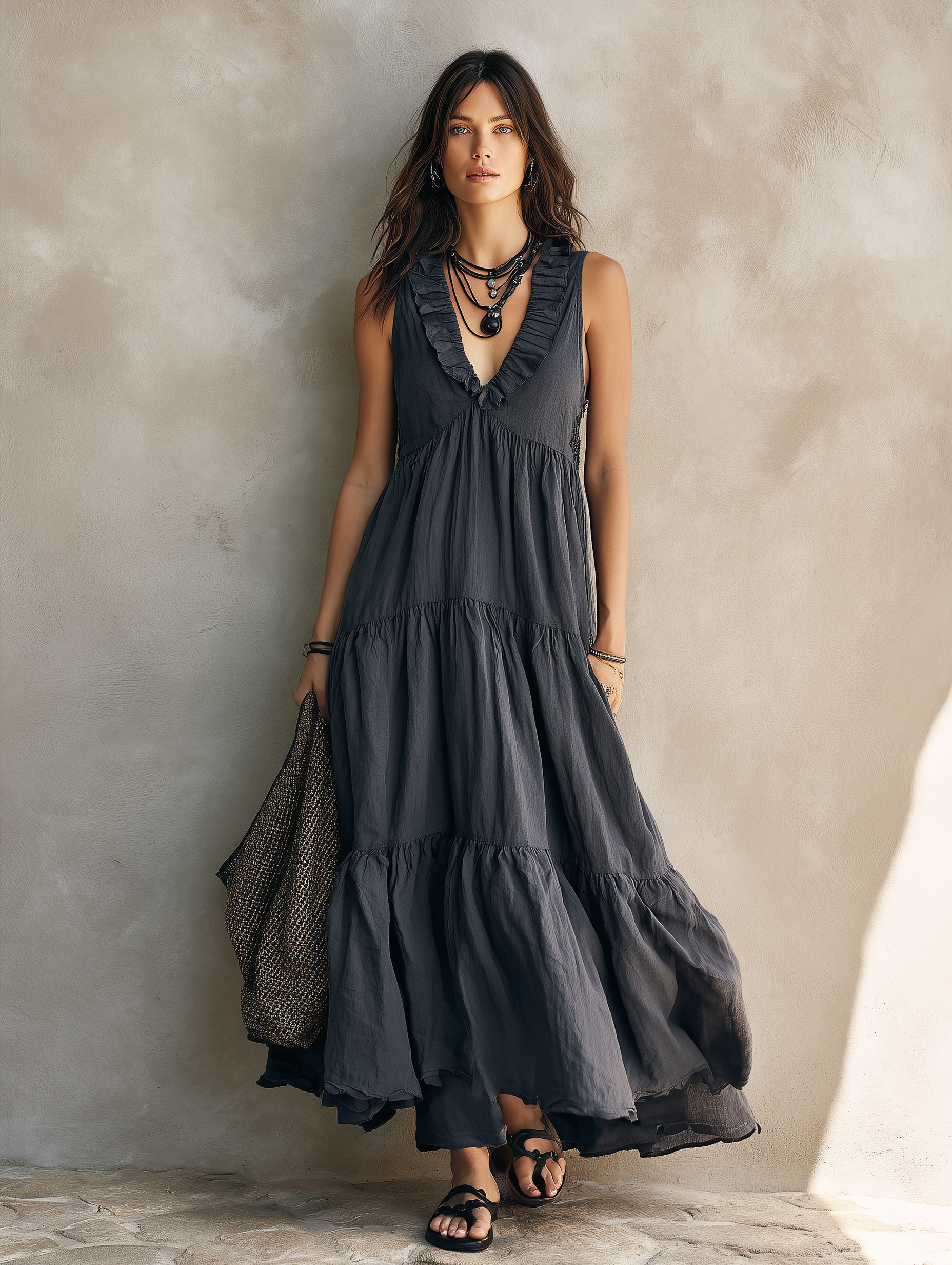 Women's Elegant Dark Blue Cotton Linen V-neck Sleeveless Loose-fitting Long Dress MDZ2708B8AN