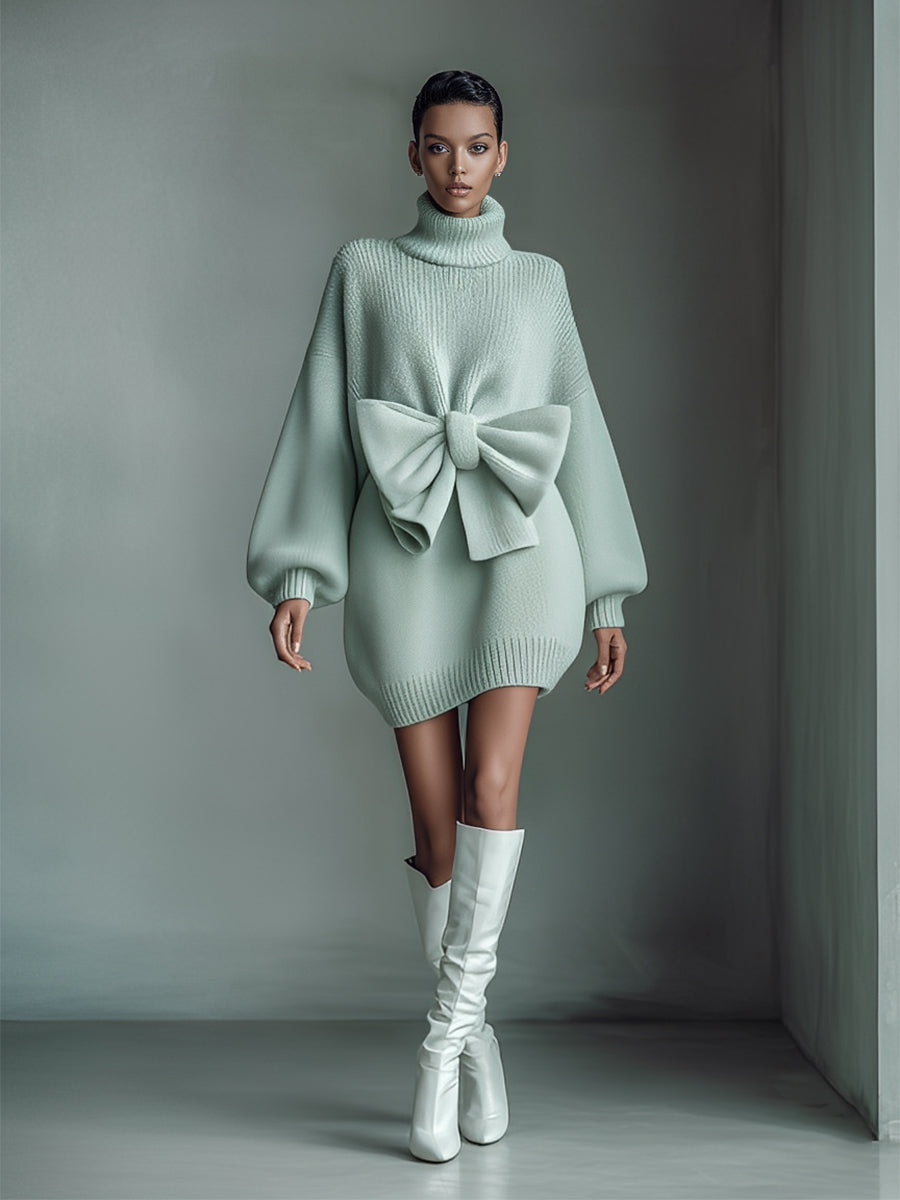 Women's Light Green Elegant Turtleneck Removable Bow - Detailed Mini Sweater Dress MDA1011J9I