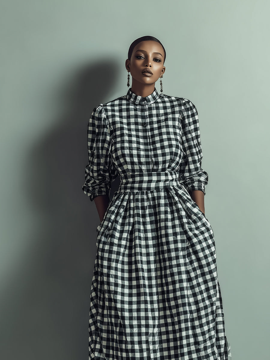 Women's Black - White Classic Cotton Gingham Button - Up Belted Maxi Dress MDA1614J3I