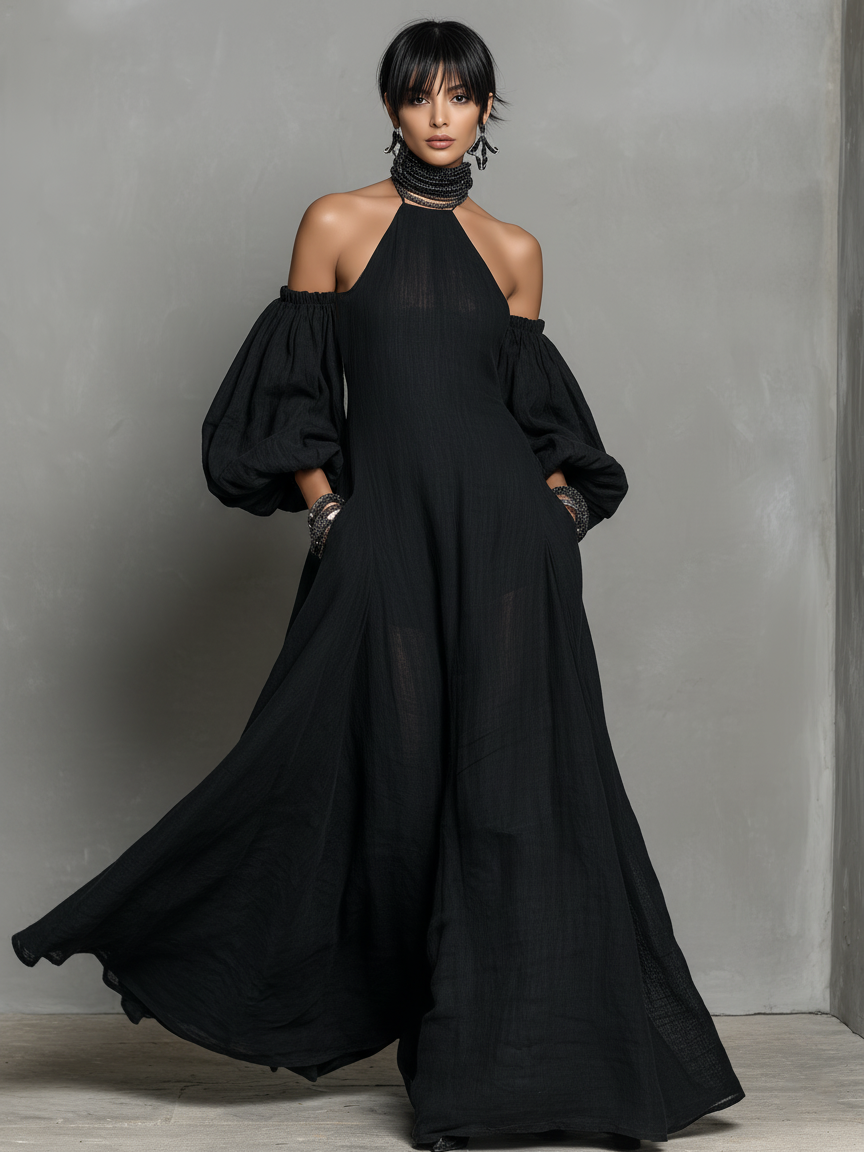 Women's Minimalist Cotton And Linen Halter Neck Long-sleeved Maxi Dress MDA2778K3Y