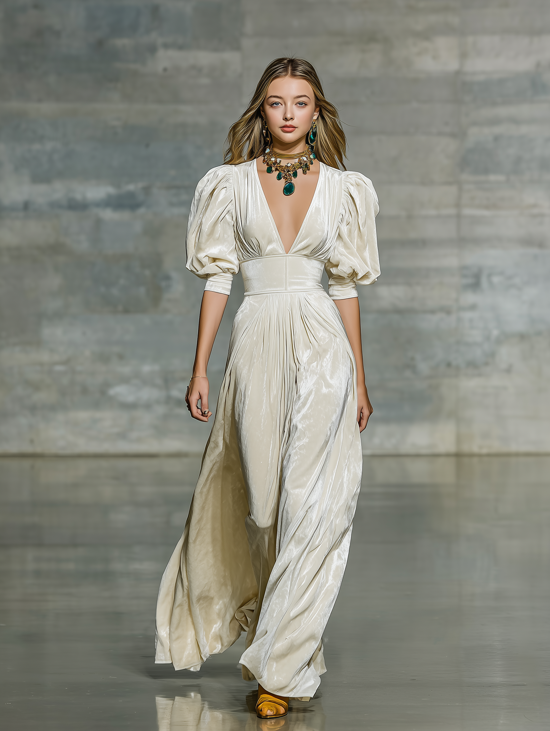 Women's Fashionable And Elegant White Four-velvet Fabric Bubble Short-sleeved V-neck Waist-cinching Long Dress MDA0422L7AN