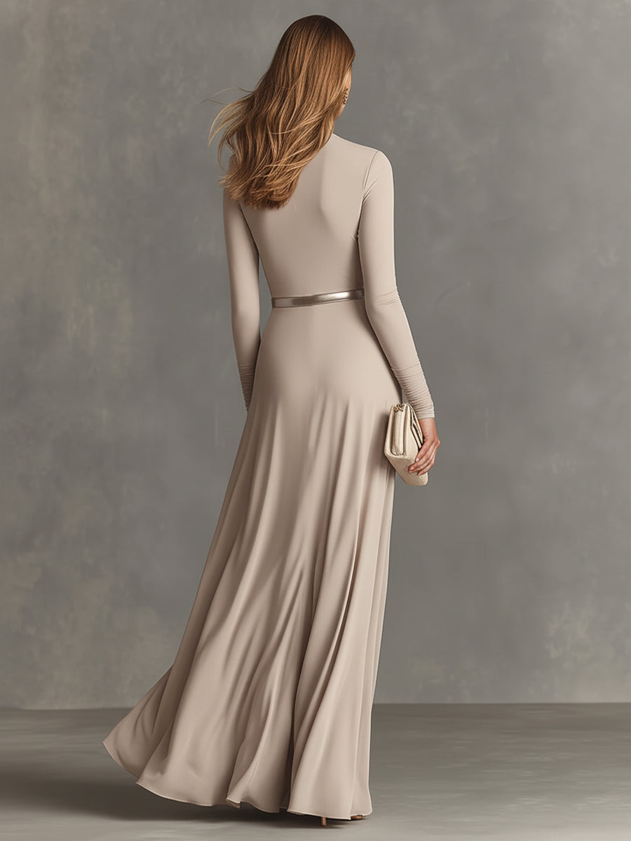 Women's Beige Smooth Fabric Elegant Ruched Wrap-Front Maxi Dress MDA2210K2I