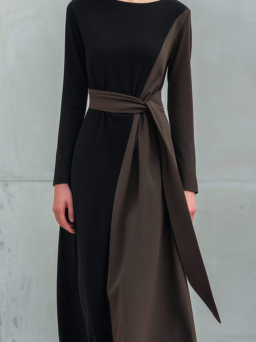 Women's Elegant Black And Brown Patchwork Woven Long-sleeved Loose Maxi Dress With Belt MDA2510L7AN