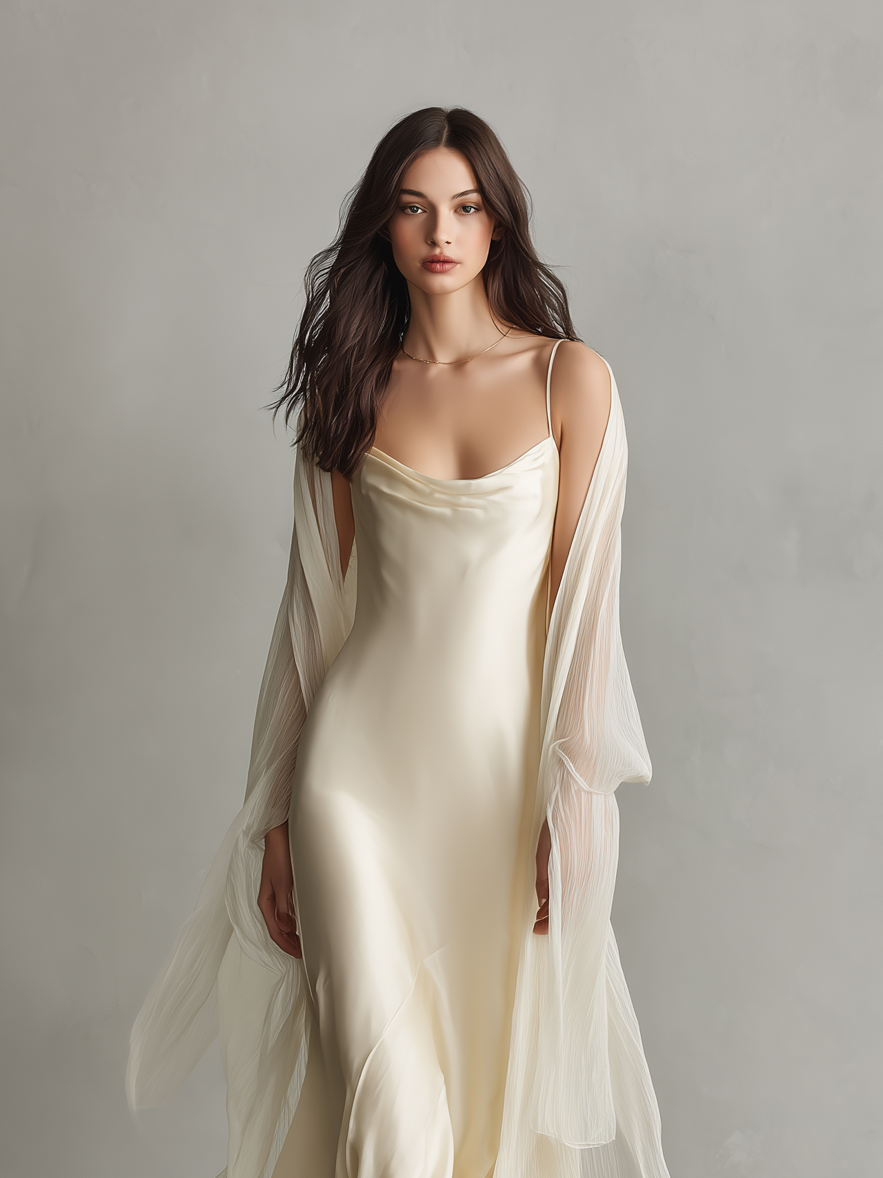 Women's Elegant Beige Satin Sleeveless Maxi Dress With Chiffon Cardigan Set MDZ2677B3AN