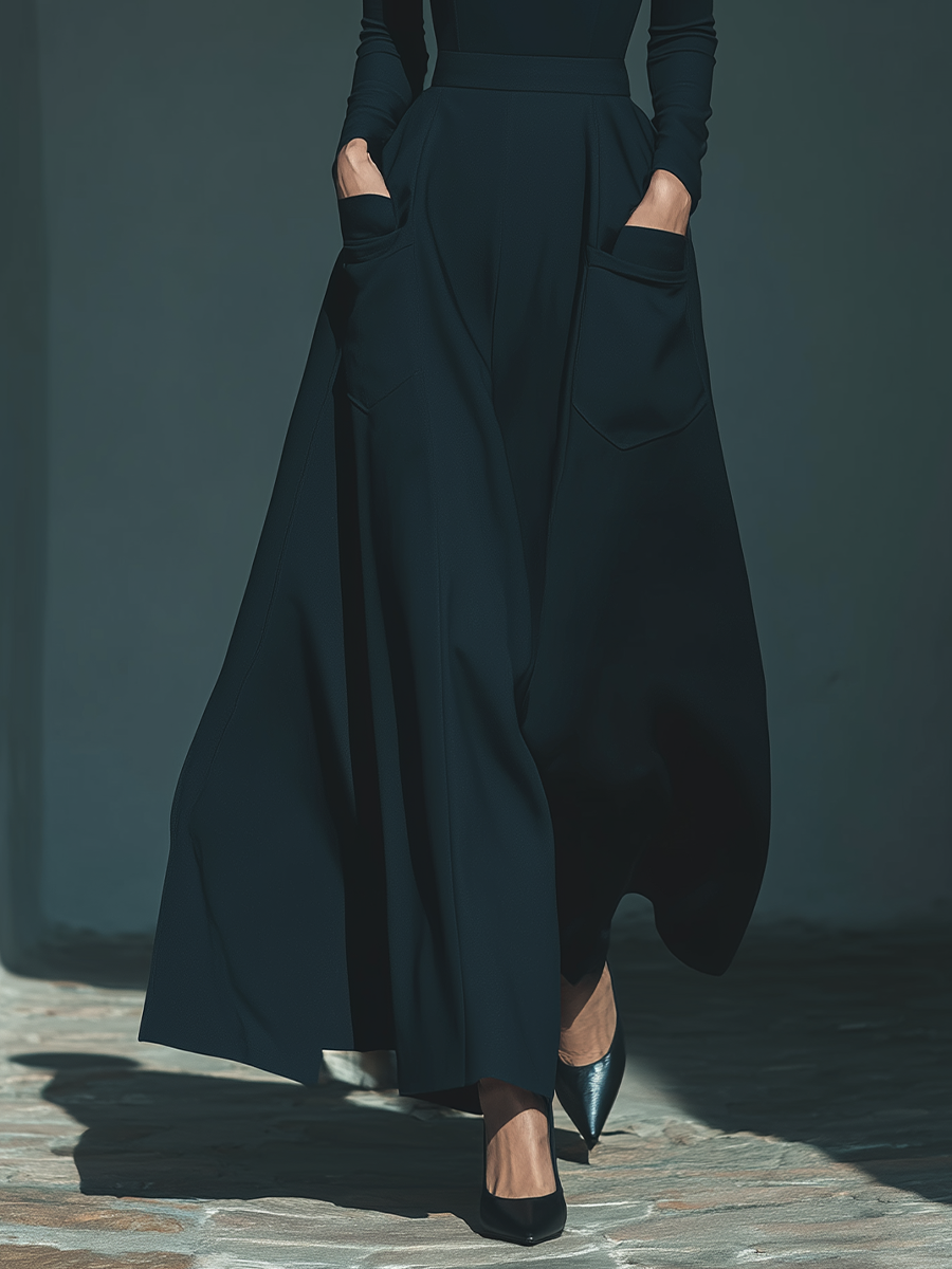 Women's Navy Blue Stretchy Knit Round-neck Long Dress With Pockets MDA1550L9T