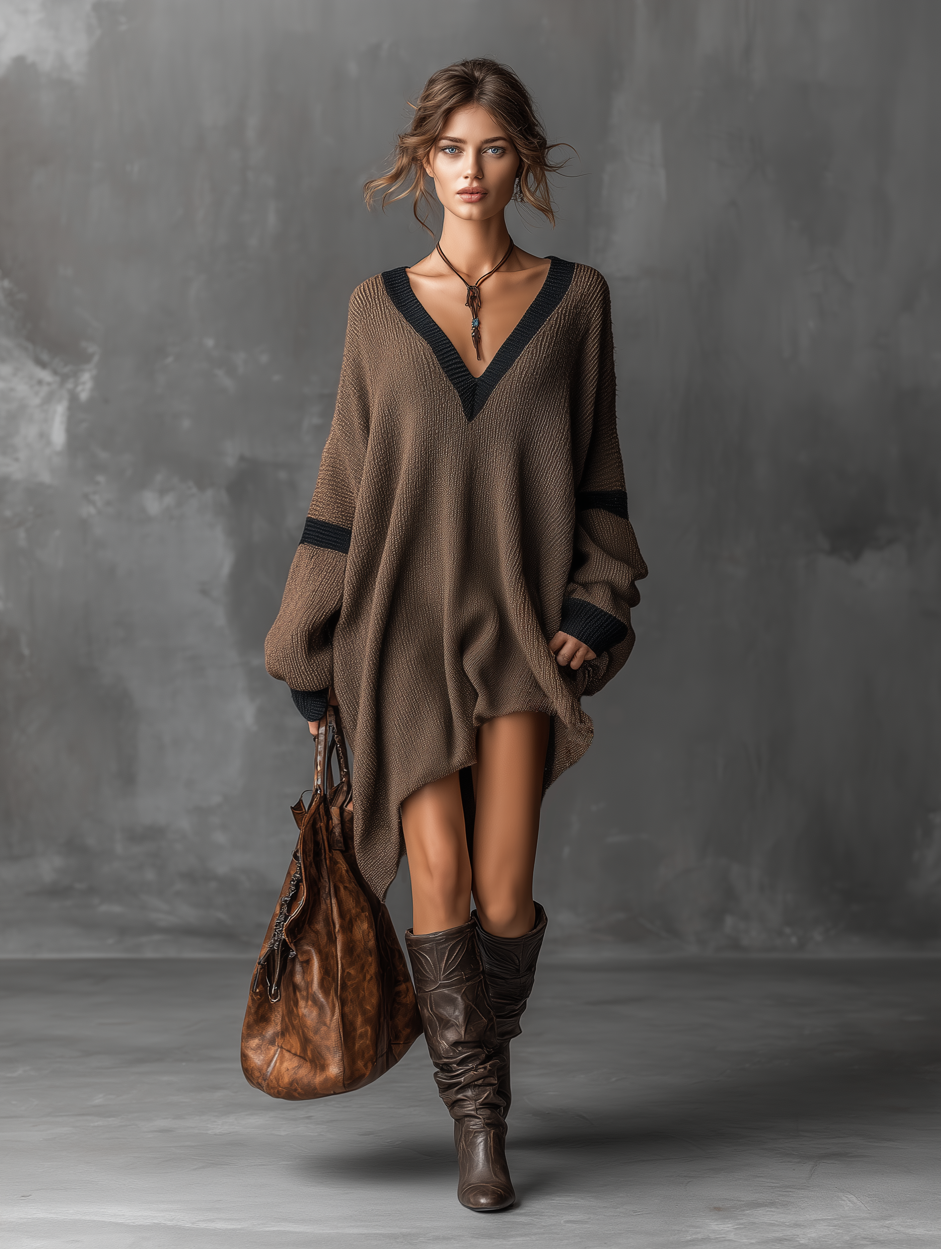 Women's Fashionable And Elegant Brown V-neck Loose Knitted Long-sleeved Mini Dress MDA2939K1AN
