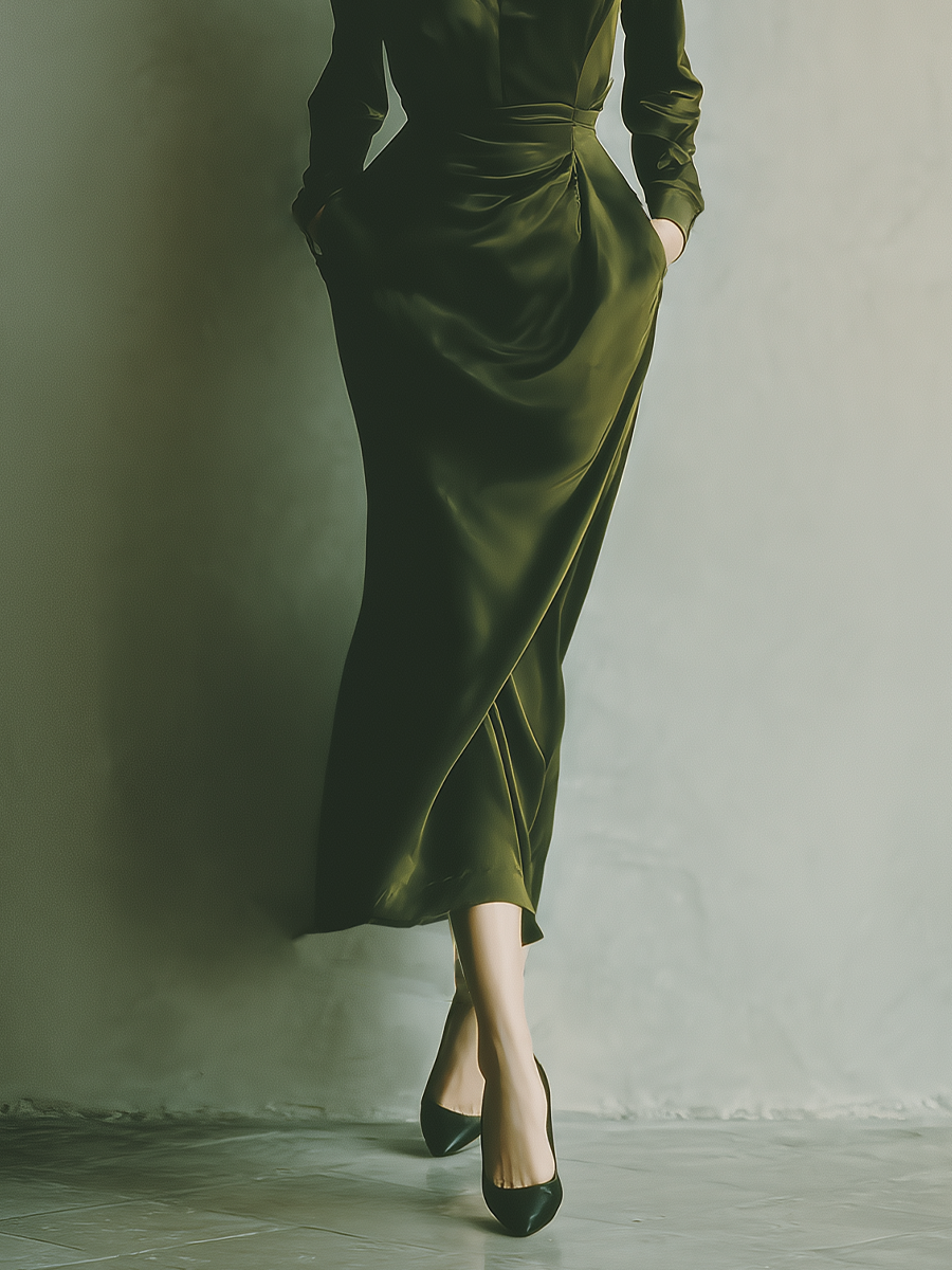 Women's Olive Green Satin Collared Fitted Midi Dress MDA2948K4T