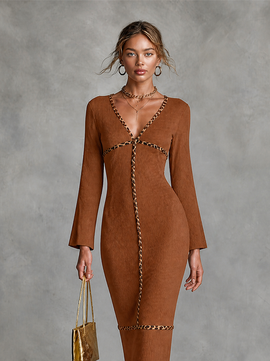 Women's Leopard Trim Ribbed Knit Bodycon Maxi Dress