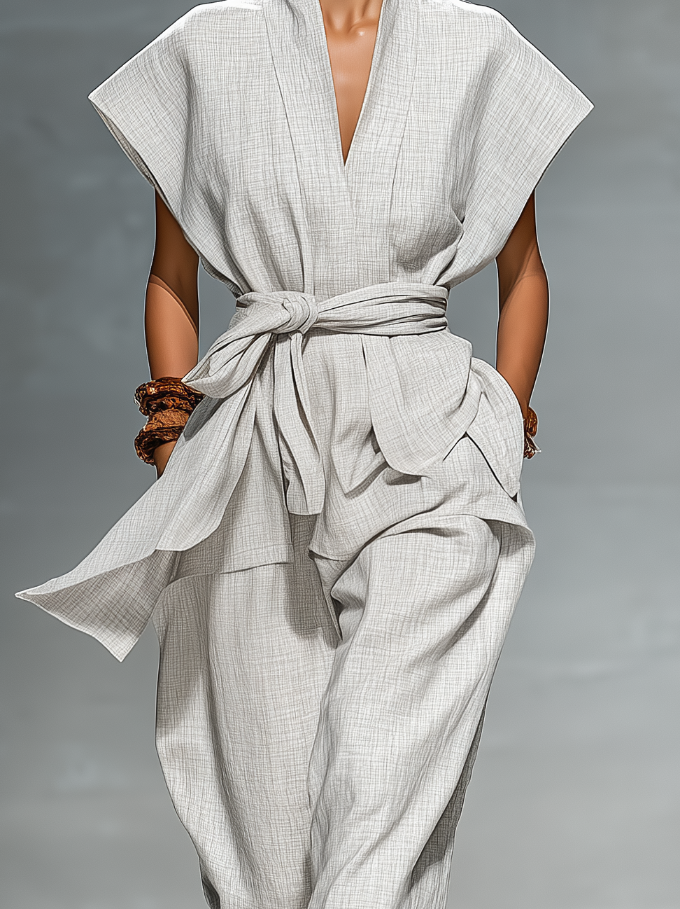 Women's Stylish Light Gray Cotton And Linen Blend Sleeveless V-neck Loose Top And Pants Set MDA2926L7AN