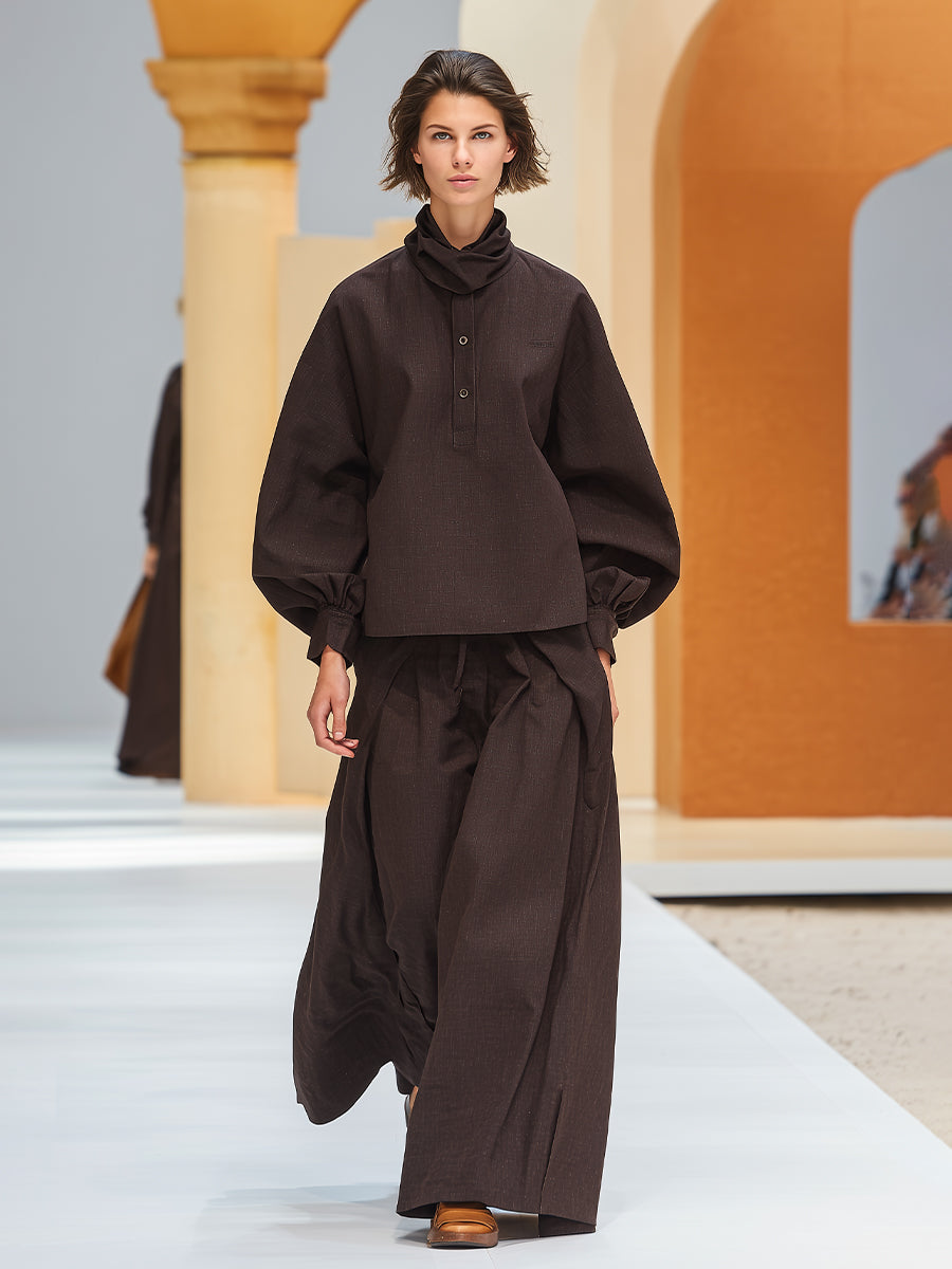 Women's Dark Brown Linen-Blend Chic Button-Accent Puff Sleeve & Flowy Pants Set MDA0587K0I