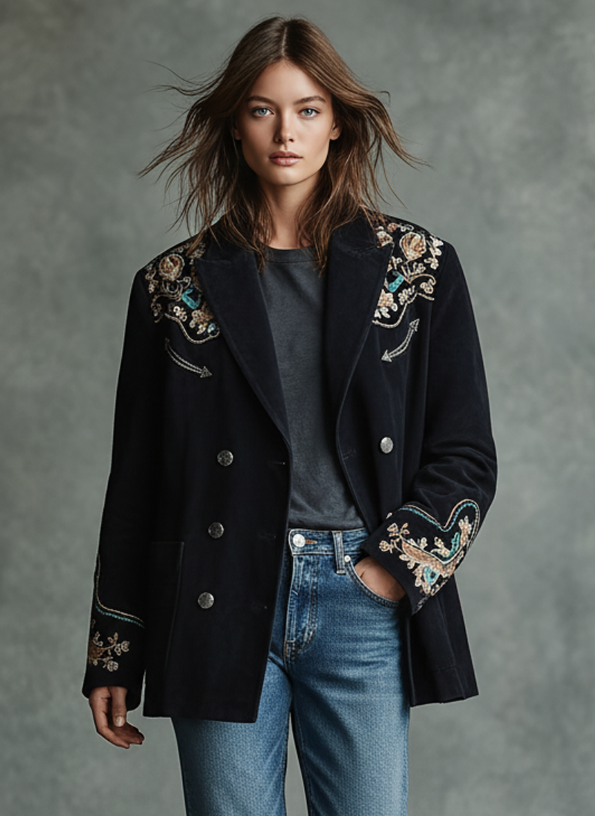 Women's Retro Loose Faux Suede Embroidered Double-Breasted Jacket MDA3030J9Y