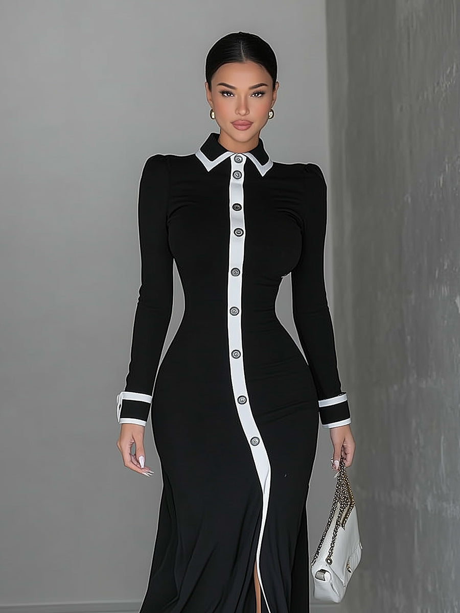 Women's Black And White Contrast Slim Long Shirt Dress MDA1245I6A